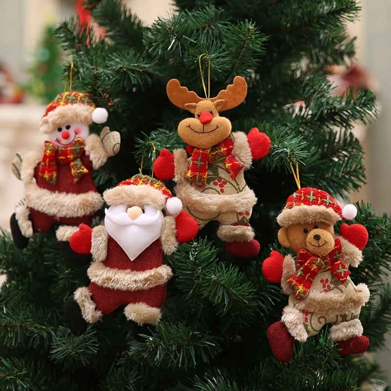 Festive Christmas Tree Ornaments - Santa, Snowman, Reindeer & Bear Figures With Red & White Scarves, Golden Balls & Red Bows - Perfect For Holiday Decor, Christmas Decorations