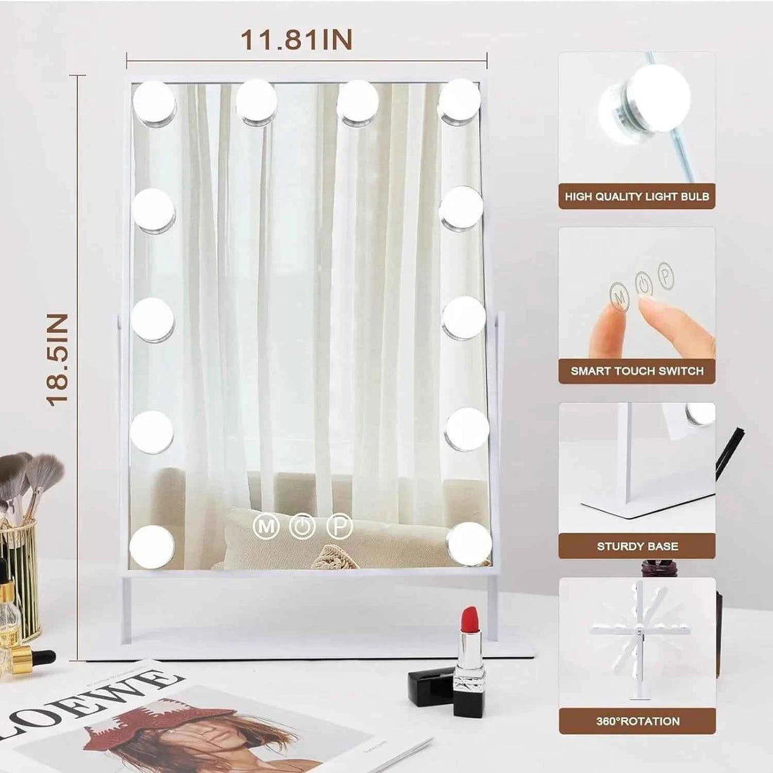 FENCHILIN Vanity Makeup Mirror with Lights 12 LED Bulbs 10X Magnifying