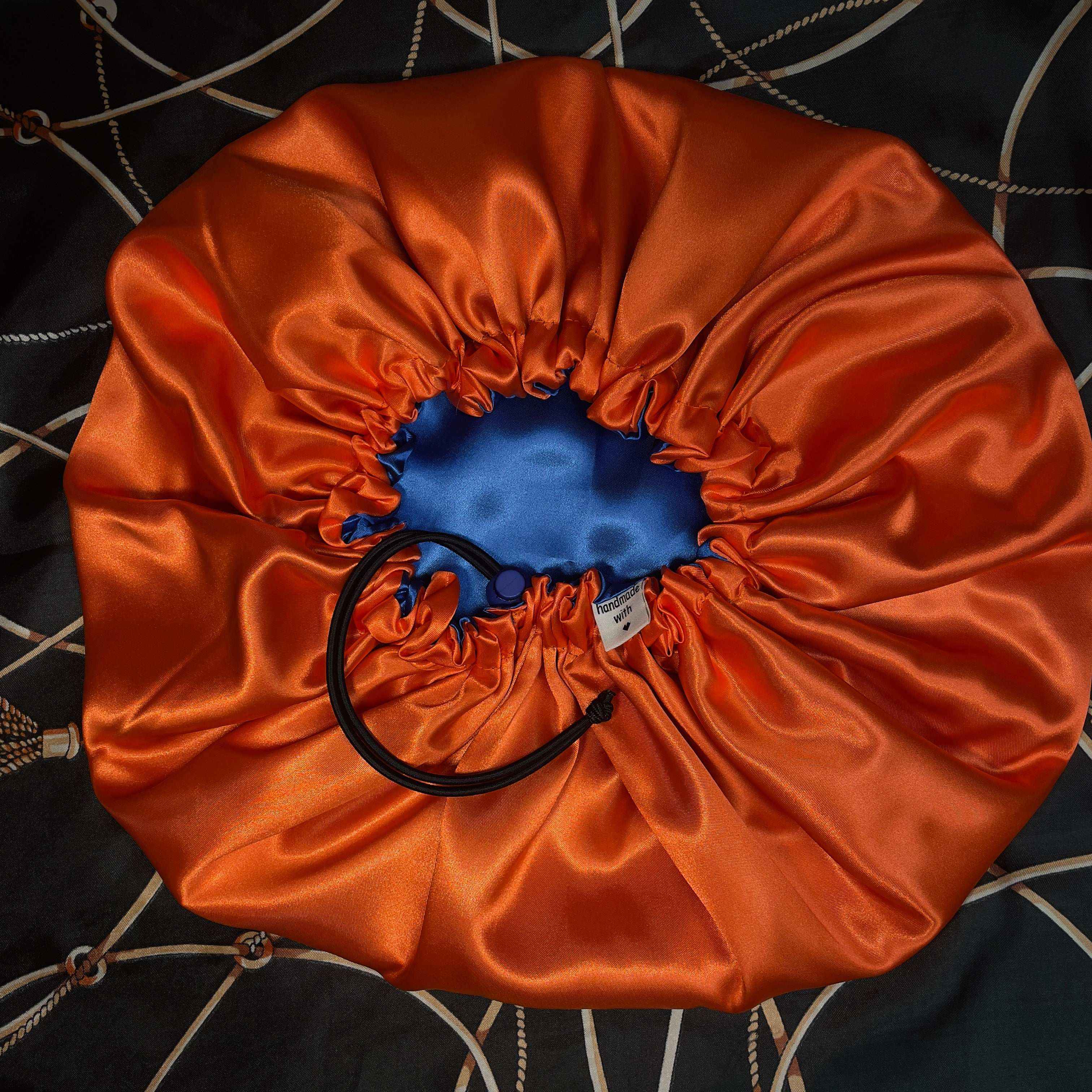Orange & Blue Reversible Satin Bonnet – Dual Colour Adjustable