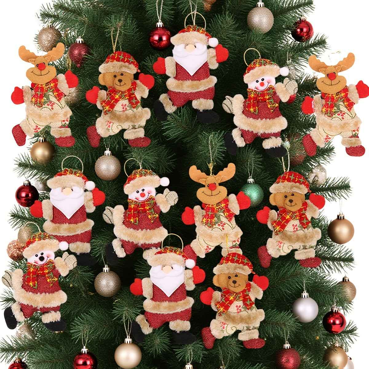 Festive Christmas Tree Ornaments - Santa, Snowman, Reindeer & Bear Figures With Red & White Scarves, Golden Balls & Red Bows - Perfect For Holiday Decor, Christmas Decorations