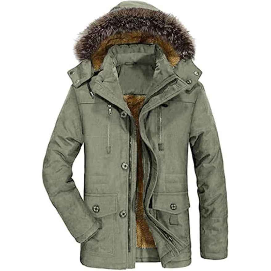 Mens Parka Jacket Winter Warm Fleece Coat With Fur Hood, Size M,Army Green