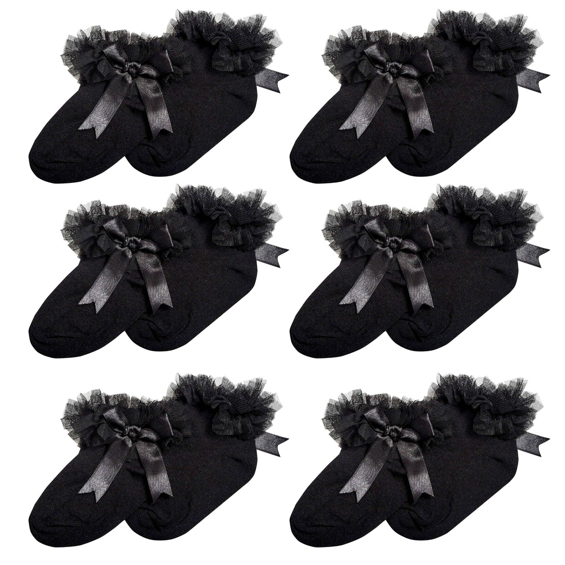 6 Pairs Black Girls Tutu Frilly Ankle Socks with Lace & Bow Super Soft Wedding Christening Sock by Sock Stack