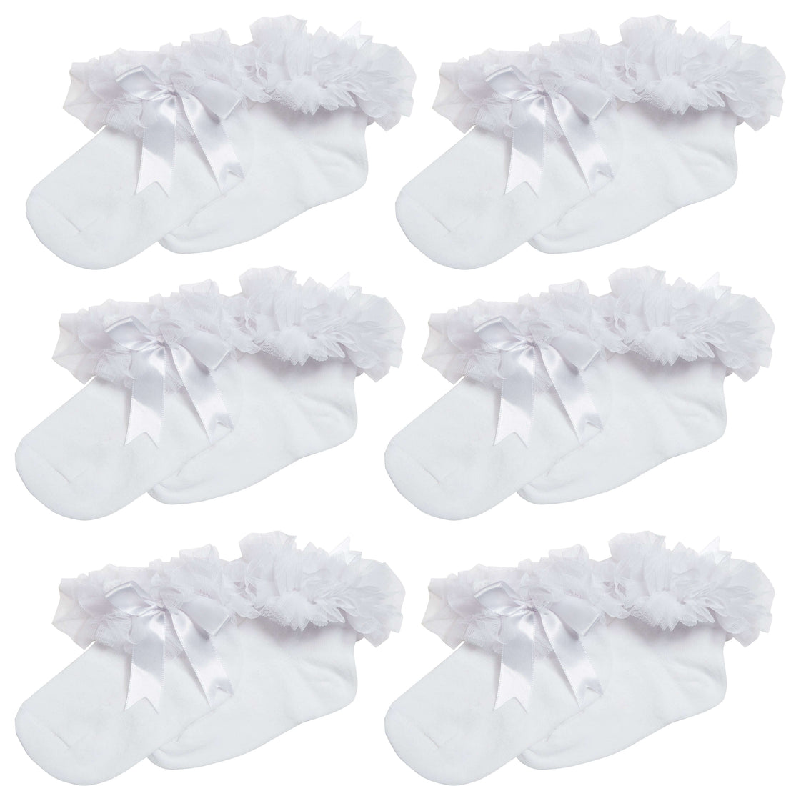 6 Pairs White Girls Tutu Frilly Ankle Socks with Lace & Bow Super Soft Wedding Christening Sock by Sock Stack