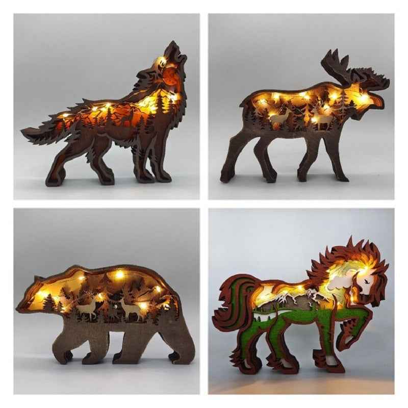 Christmas Decoration Wooden Animal Carving Handcraft Gift Wall Hanging Sculpture 3D Bear Deer Elk Art Decor New Year Ornaments