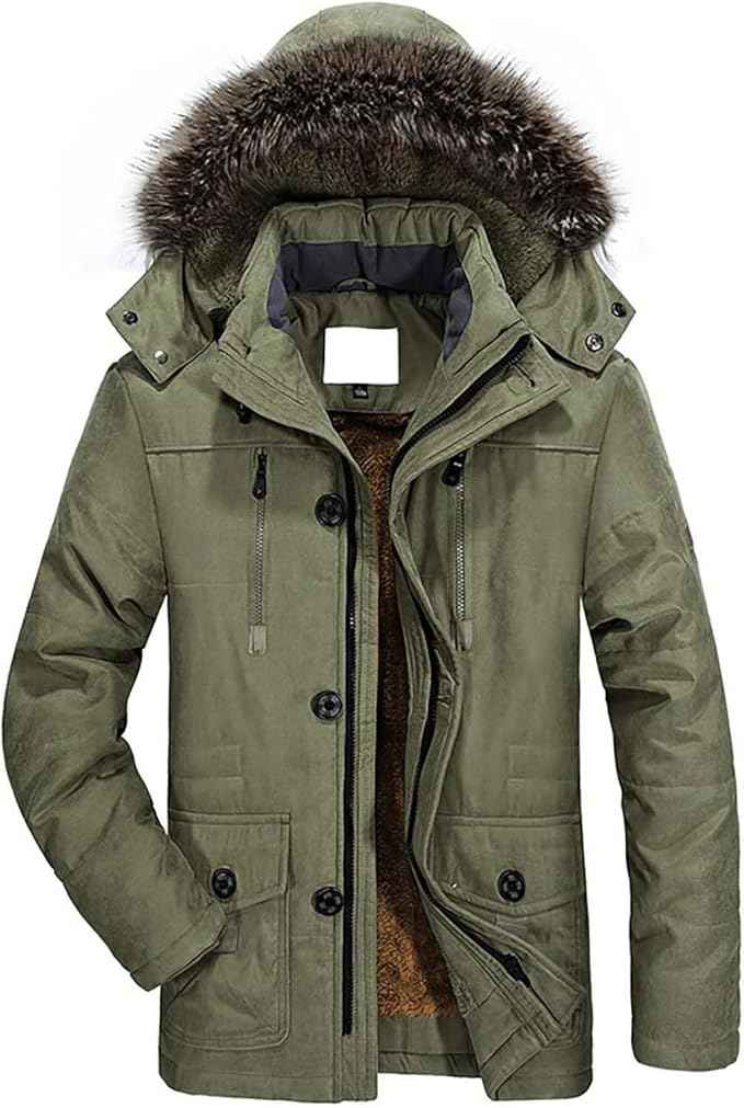 Mens Parka Jacket Winter Warm Fleece Coat With Fur Hood, Size M,Army Green