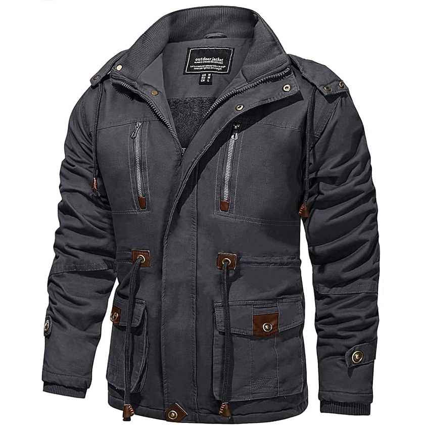 Mens Military Tactical Fleece Jacket Hooded Cotton Warm, Grey, Size L