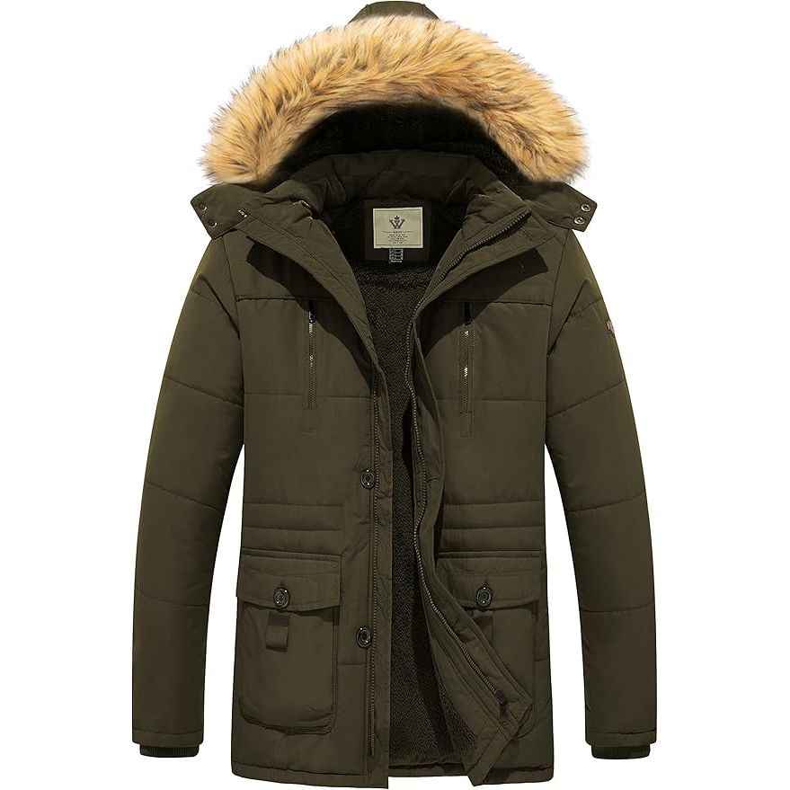 Mens Fleece Jacket Windbreaker Parka Removable Hood Army Green S WenVen