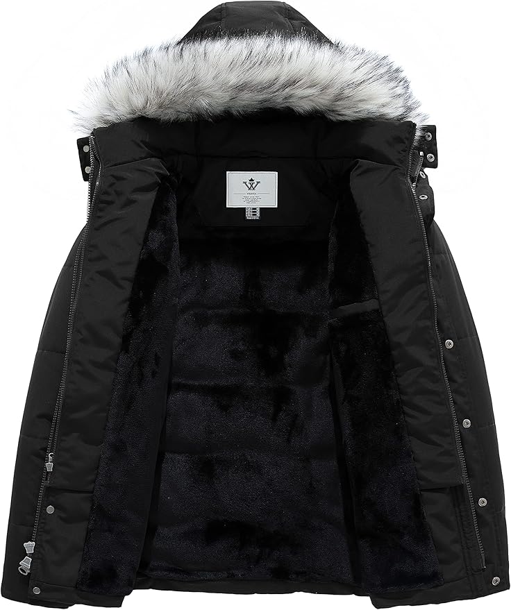 Mens Winter Parka Jacket Puffer Coat Thick Cotton Hooded Black, Size L