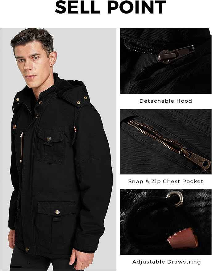 Mens Winter Parka Jacket Thick Fleece Lining Hooded Coat WenVen, Black