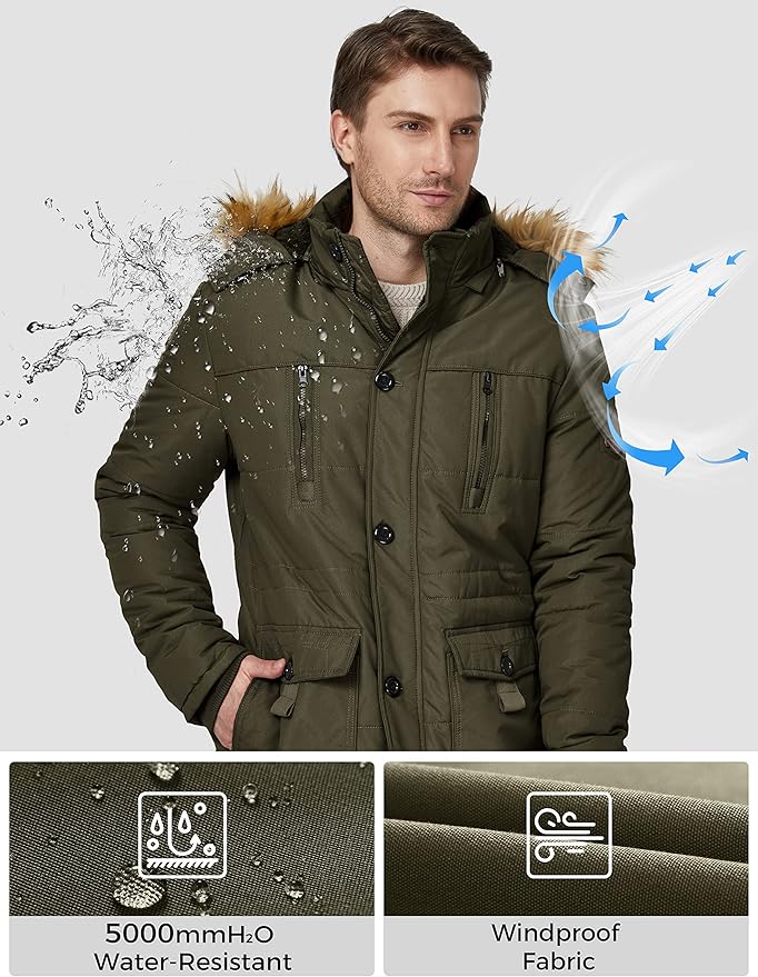 Mens Fleece Jacket Windbreaker Parka Removable Hood Army Green S WenVen