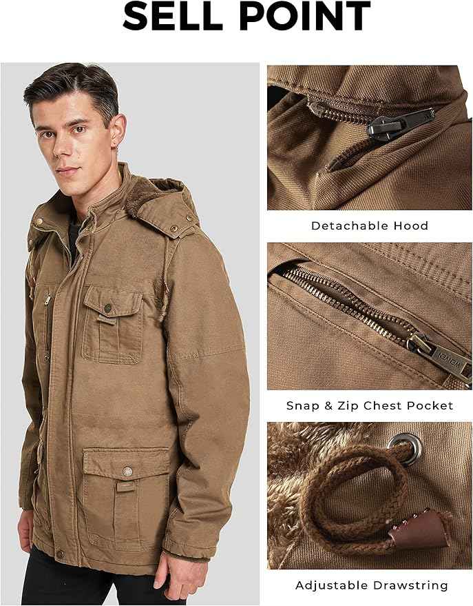 Mens Winter Parka Jacket Thick Fleece Lining Hooded Coat WenVen, Size XL