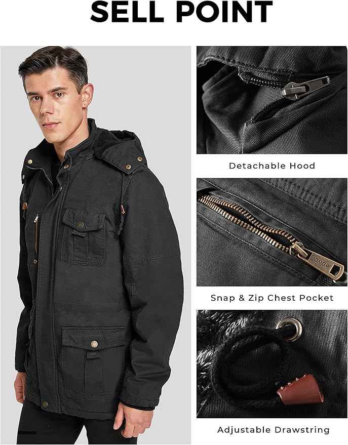 Mens Winter Parka Jacket Thick Fleece Lining Hooded Coat WenVen, Size M