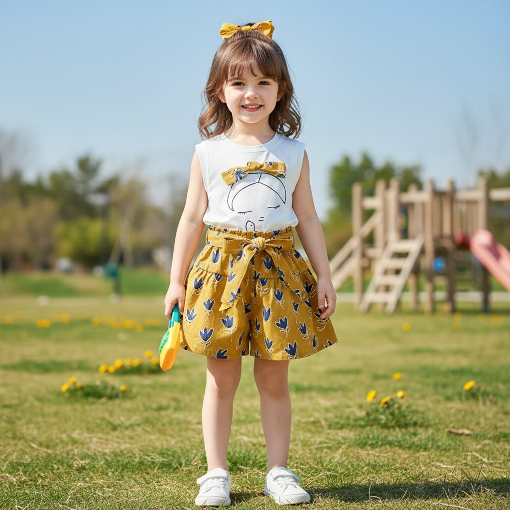 Printed two piece shorts and top. With bow. In yellow.