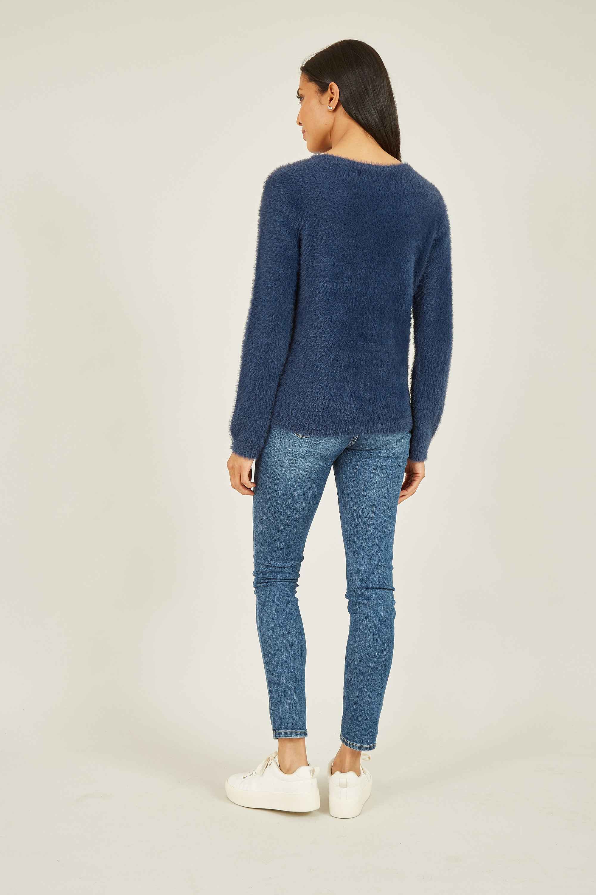 Yumi Navy Sequin Snowflake Fluffy Jumper