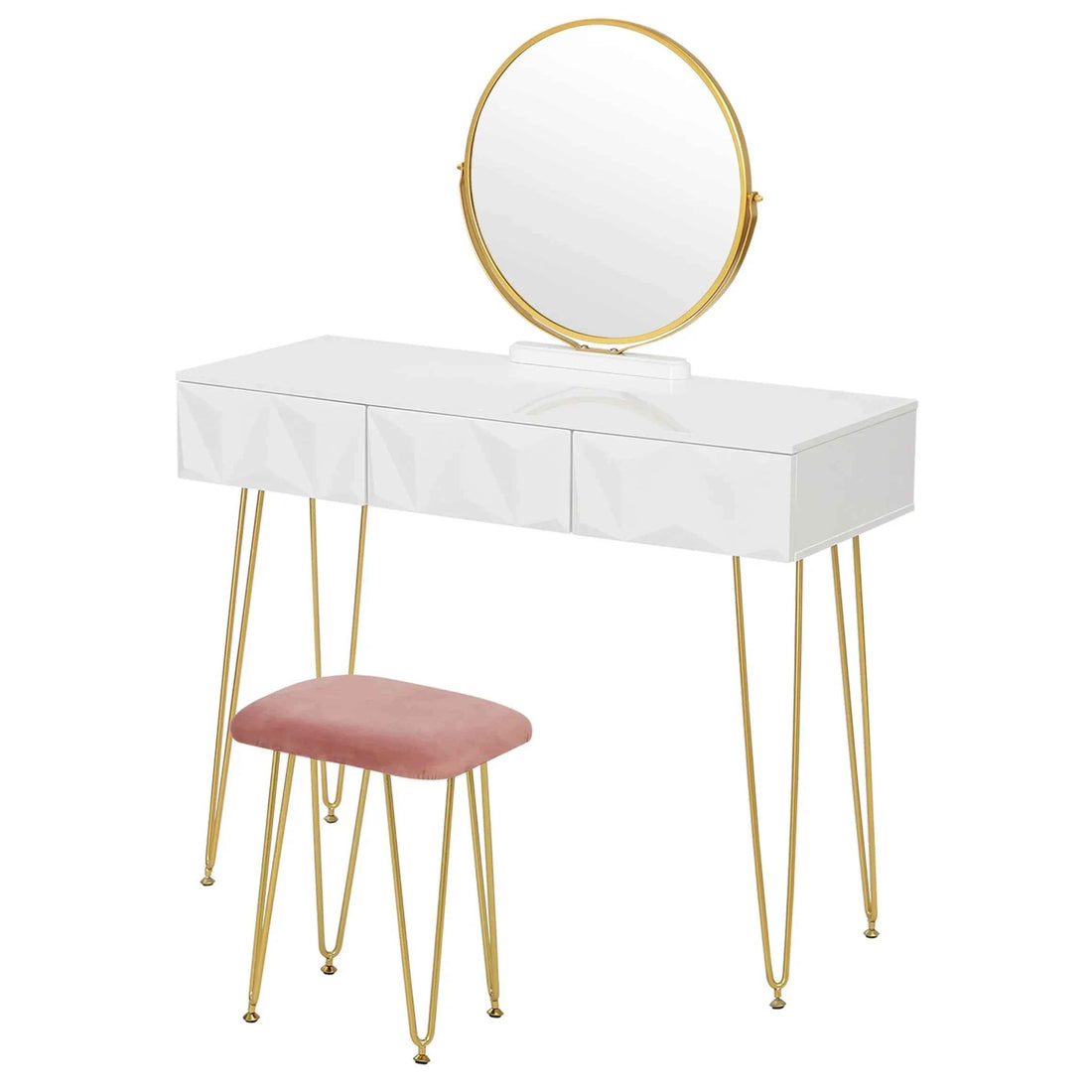1SET White Gold Dressing Table with 360° Swivel Mirror 3 Drawers 3D Effect Velvet Stool Cosmetic Makeup dressers for Bedroom