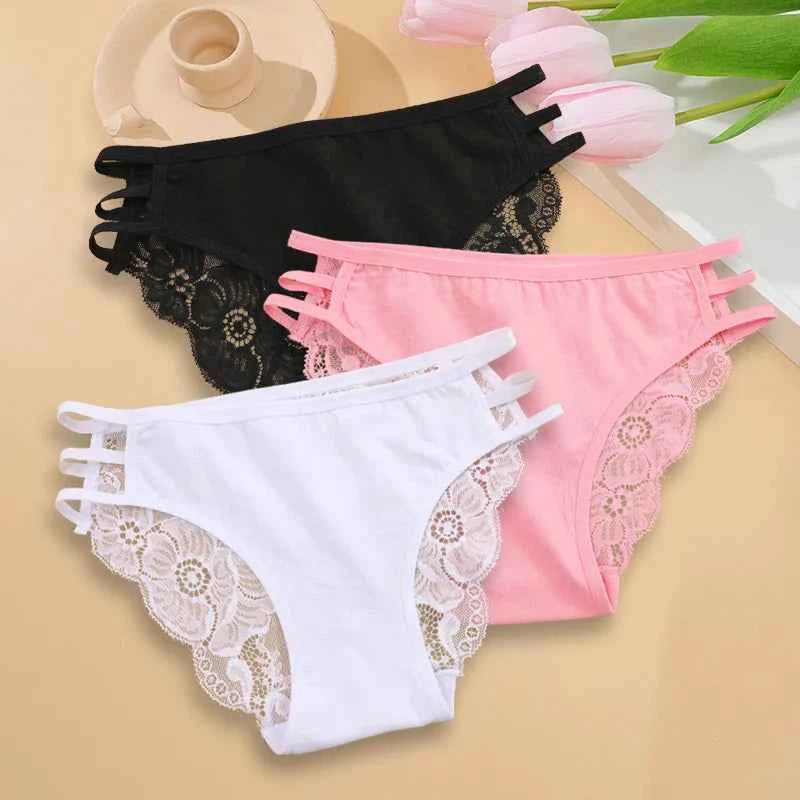 3PC/Set Women Sexy Lace Panties Low Rise Hollow Out Briefs Floral Transparent Underwear for Feamale Elastic Straps Soft Lingerie