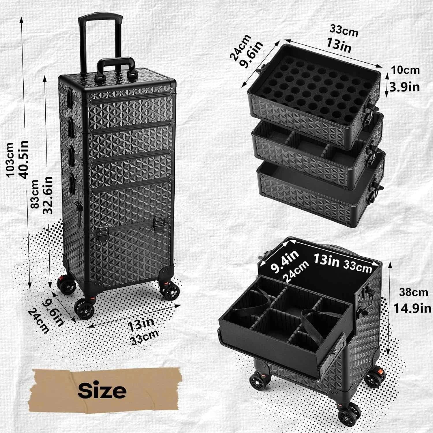 Professional Makeup Train Case on Wheels, Extra Large Cosmetic Case Rolling Makeup Case Trolley Makeup Organizer with Wheels