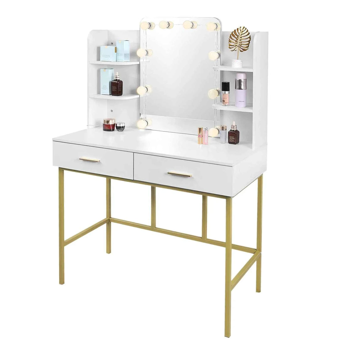 White Gold Vanity Desk with Mirror LED Lighting 2 Drawers Modern Dresser Dressing Table Makeup Table for Bedroom Household Home