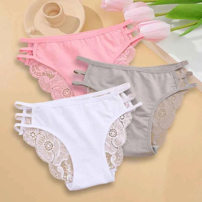 3PC/Set Women Sexy Lace Panties Low Rise Hollow Out Briefs Floral Transparent Underwear for Feamale Elastic Straps Soft Lingerie