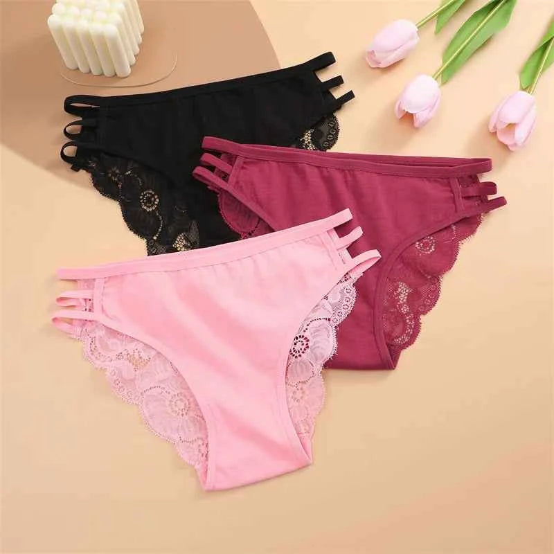 3PC/Set Women Sexy Lace Panties Low Rise Hollow Out Briefs Floral Transparent Underwear for Feamale Elastic Straps Soft Lingerie