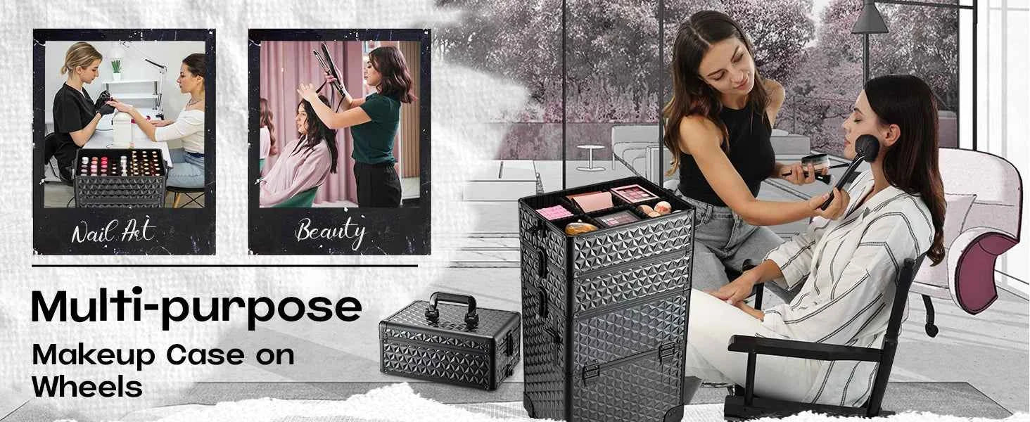 Professional Makeup Train Case on Wheels, Extra Large Cosmetic Case Rolling Makeup Case Trolley Makeup Organizer with Wheels