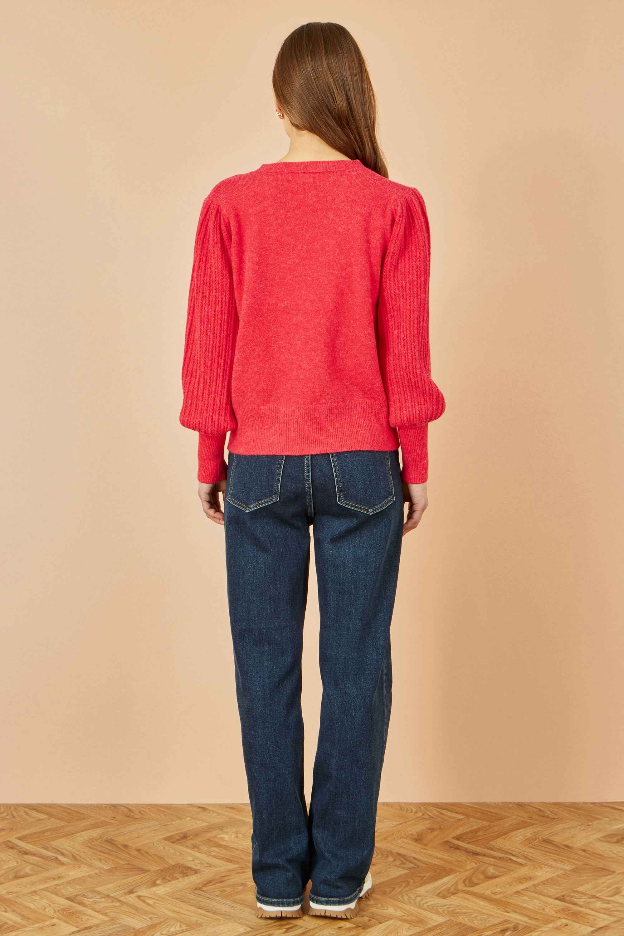 Yumi Red Knitted Balloon Sleeve Textured Jumper