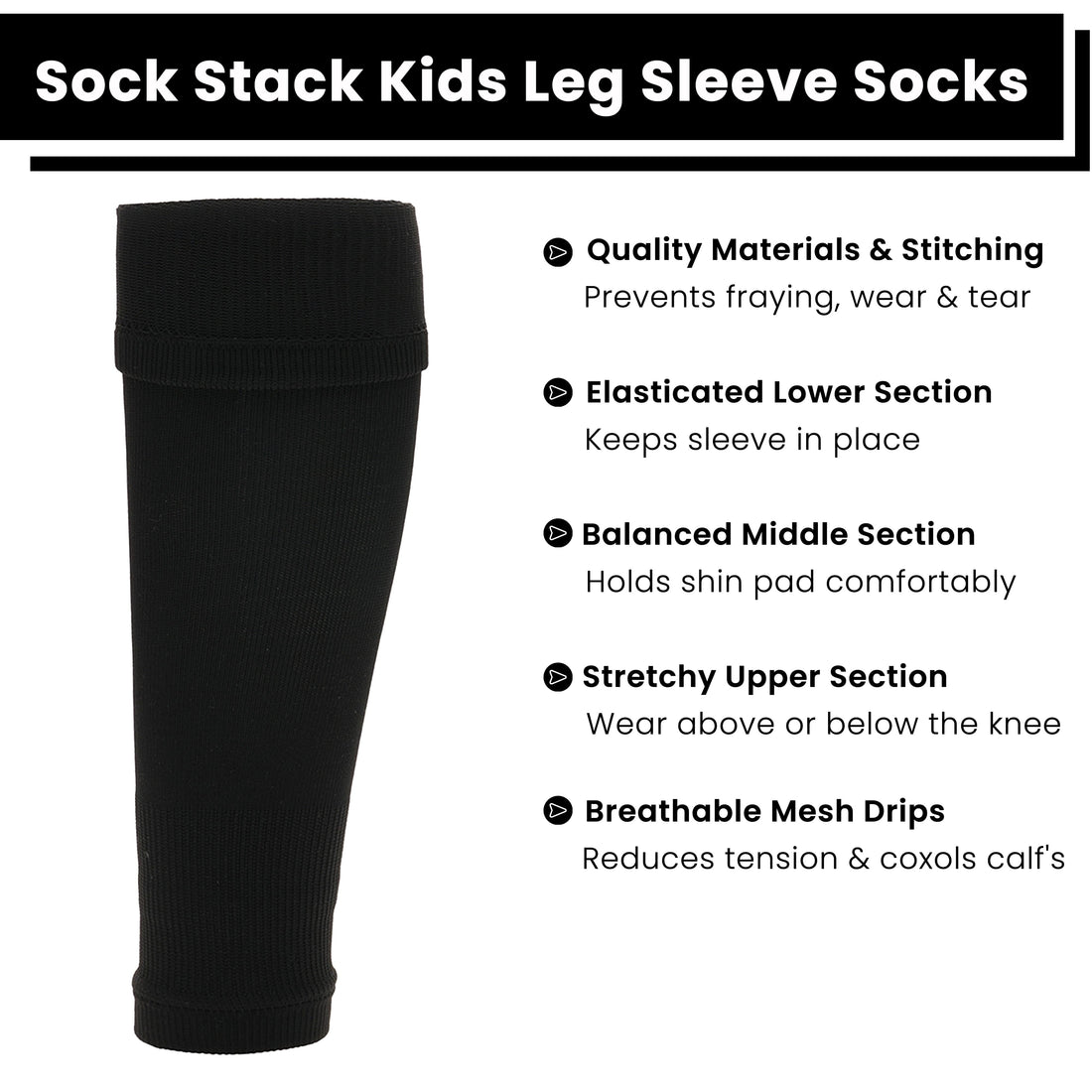 Adults Black Football Leg Sleeve Socks Compression Support Fits Over Shin Pads Breathable & Secure for Training Running by Sock Stack
