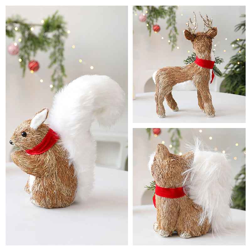 Straw Christmas Elk Squirrel Ornaments Christmas Scene Layout