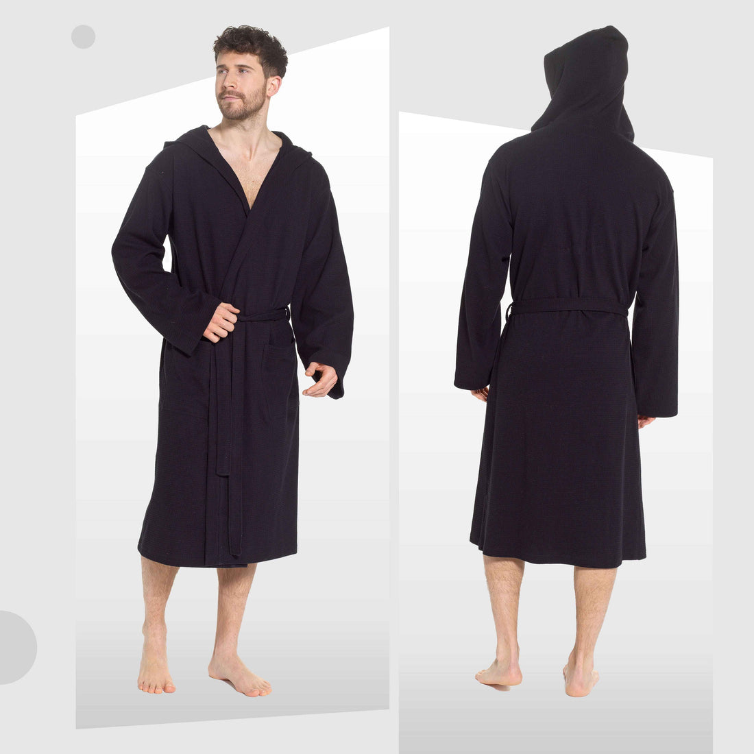 Men’s Hooded Waffle Cotton Bathrobe Black Super Absorbent Spa Robe Luxury Dressing Gown for Home & Loungewear by Sock Stack