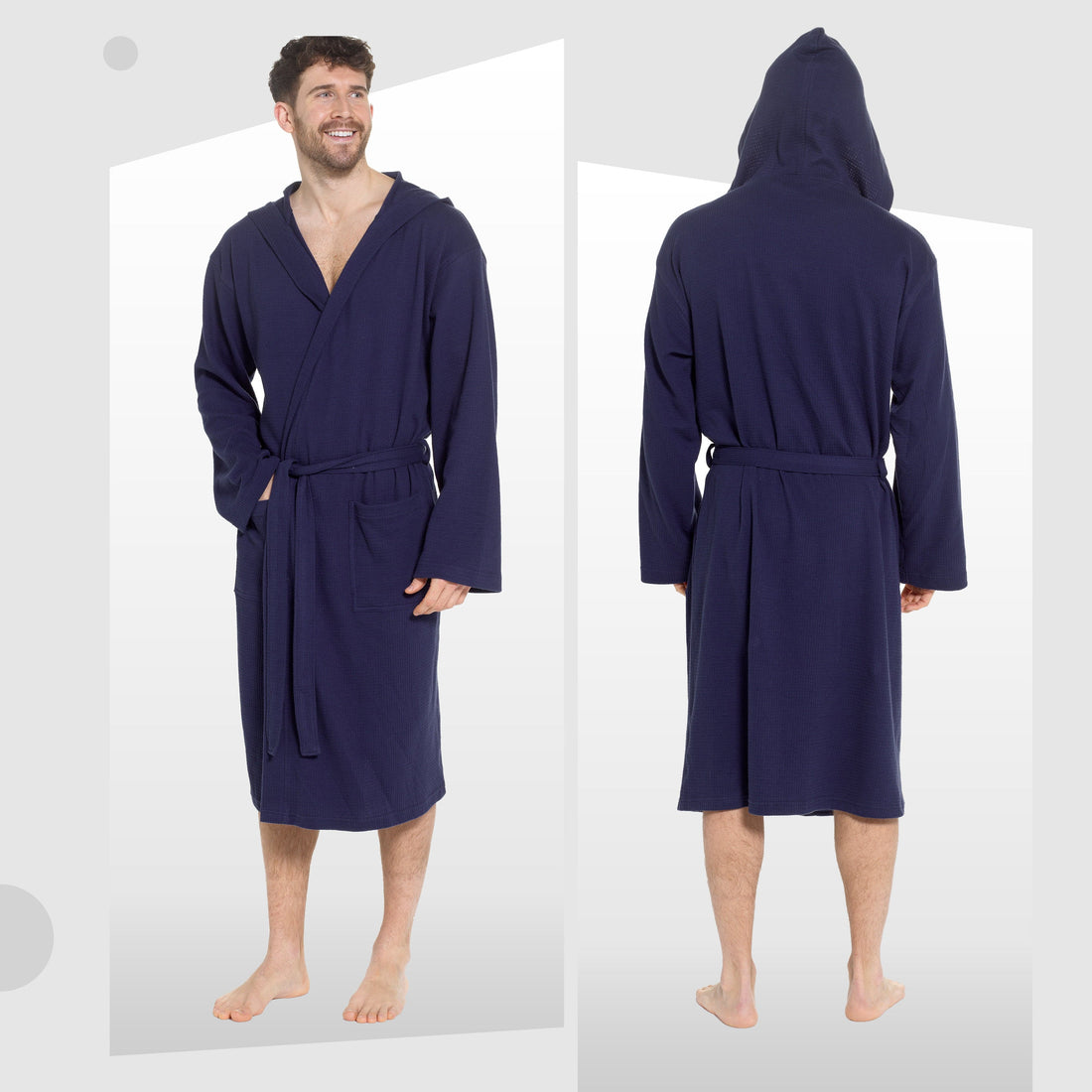 Men’s Hooded Waffle Cotton Bathrobe Navy Super Absorbent Spa Robe Luxury Dressing Gown for Home & Loungewear by Sock Stack