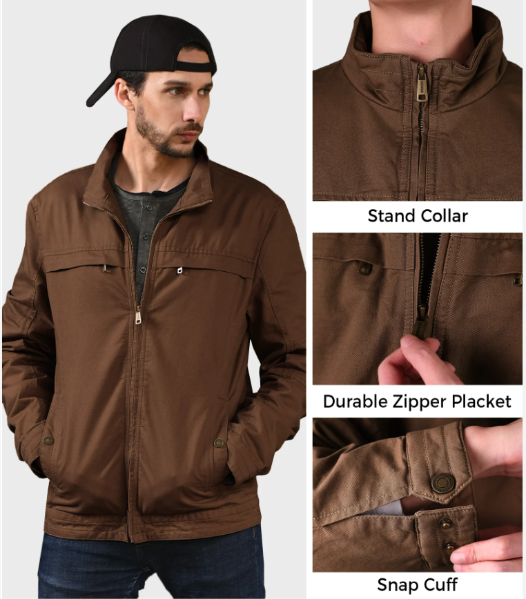 Mens Cotton Harrington Jacket Classic Lightweight Coat Brown XL WenVen