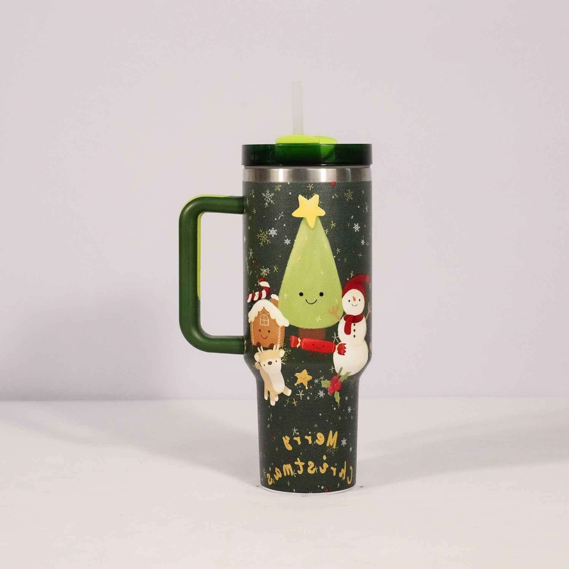 New Christmas Pattern Mug With Handle Lid Straw Drinkware Stainless Steel Vacuum Tumbler Large Capacity Car Travel Coffee Cup