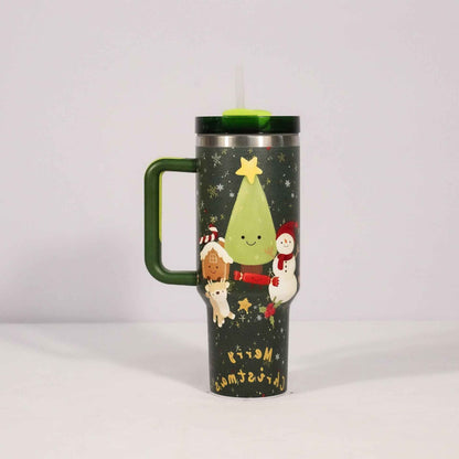 New Christmas Pattern Mug With Handle Lid Straw Drinkware Stainless Steel Vacuum Tumbler Large Capacity Car Travel Coffee Cup
