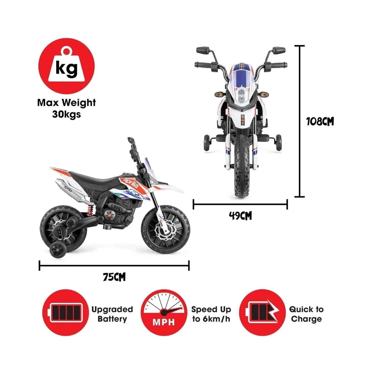 Xootz Aprilia 12V Electric Motorbike Ride On with Lithium Battery - White