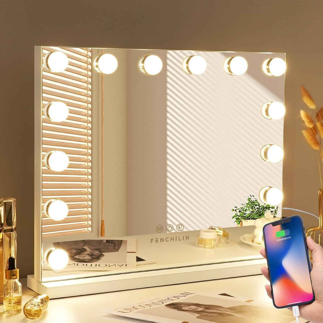 Makeup Mirror with 14 Dimmable LED Bulbs USB Charing Port 3 Color Mode