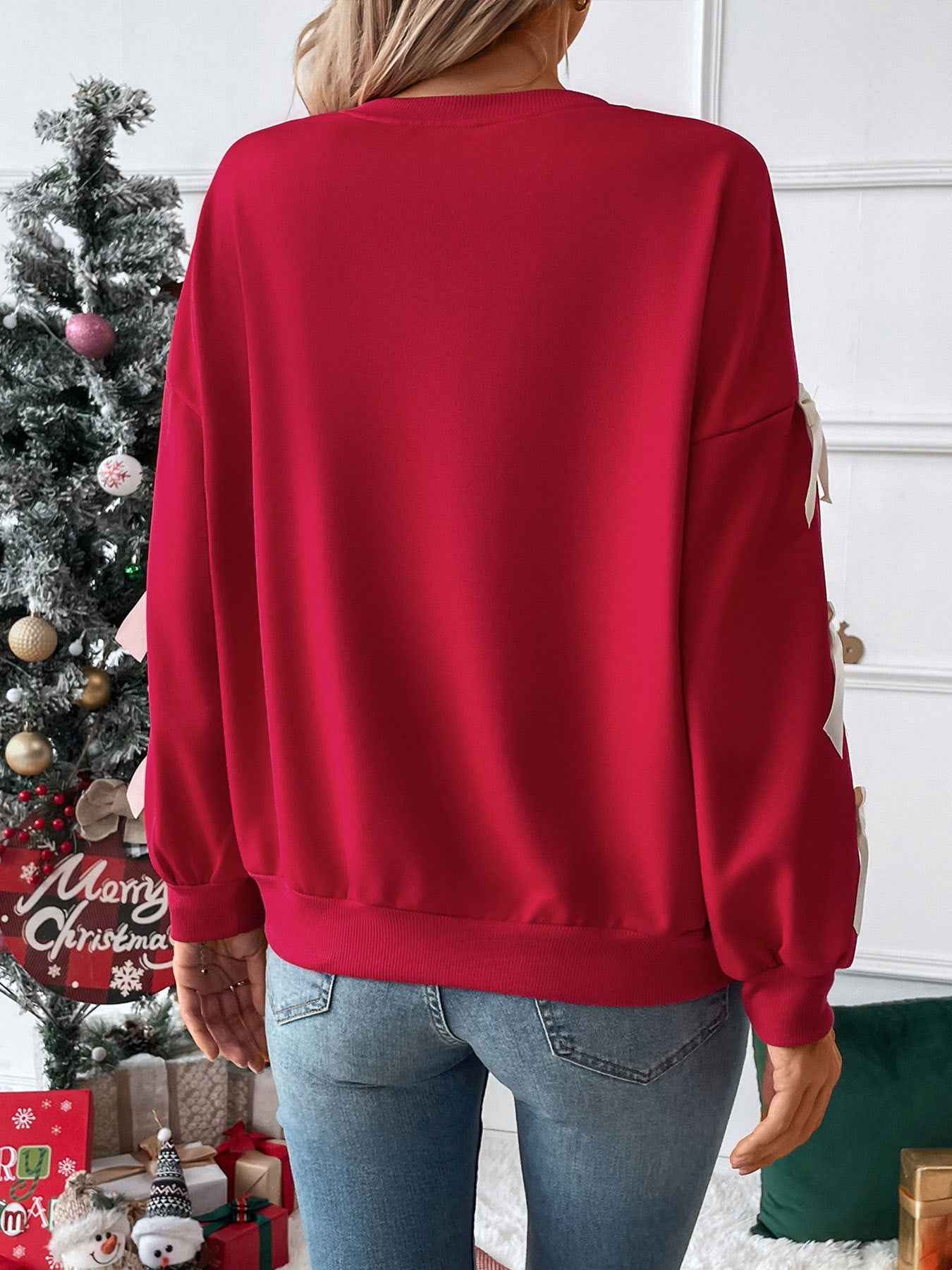 Hemp Bundle Pocket Round Neck Bow Red Christmas Sweater Girl