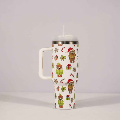 New Christmas Pattern Mug With Handle Lid Straw Drinkware Stainless Steel Vacuum Tumbler Large Capacity Car Travel Coffee Cup