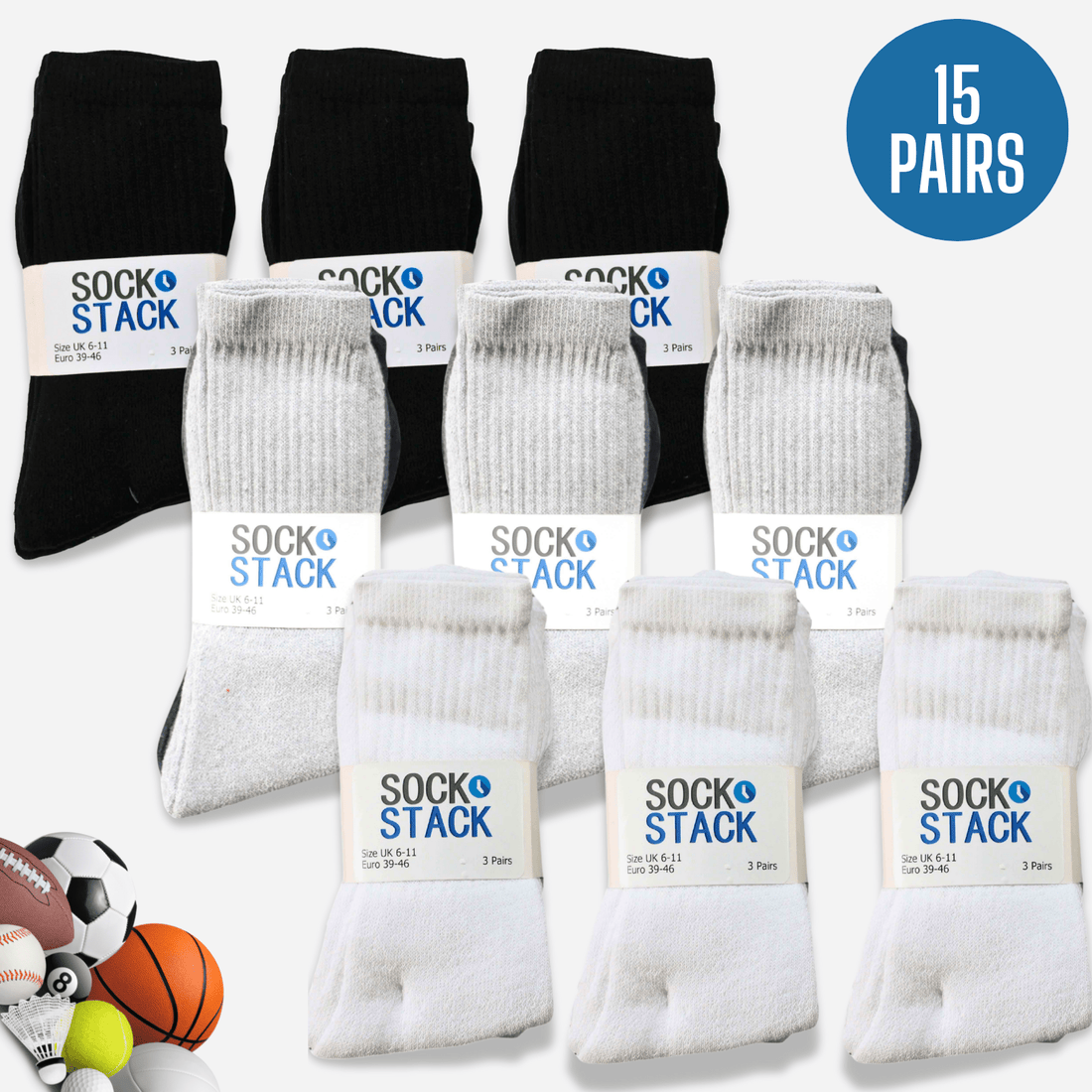 15 Pairs Mens Cotton Rich Performance Sport Socks Outdoor Athletics Running Hiking Football Black Grey White Sock Cushioned Anti-Blister Moisture-Wicking Breathable Comfortable UK 6-11 by Sock Stack