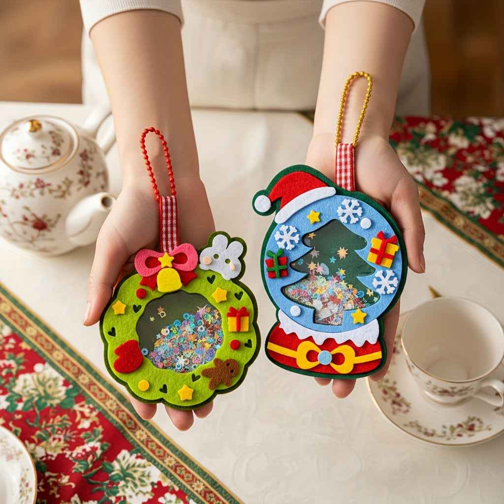 4pcs Christmas Felt Applique Kit, Handmade Ornament Material Set HolidayDecorations, Four Styles Santa Claus, Wreath, Christmas Tree, Crystal Ball, 1 Set Of Materials, Suitable For Festive Gifts,