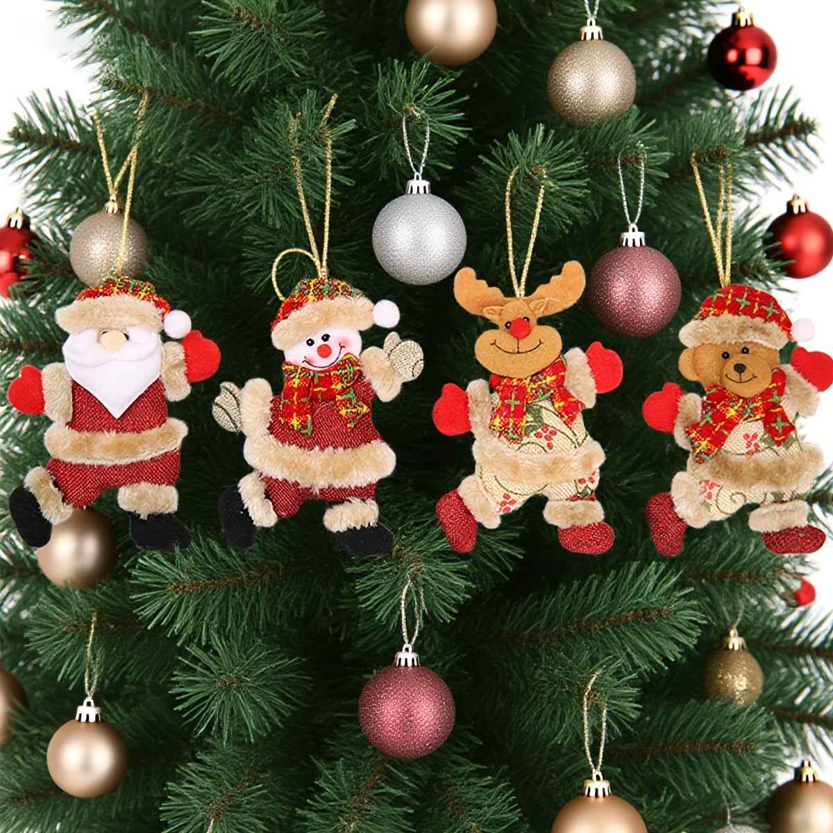 Festive Christmas Tree Ornaments - Santa, Snowman, Reindeer &amp; Bear Figures With Red &amp; White Scarves, Golden Balls &amp; Red Bows - Perfect For Holiday Decor, Christmas Decorations