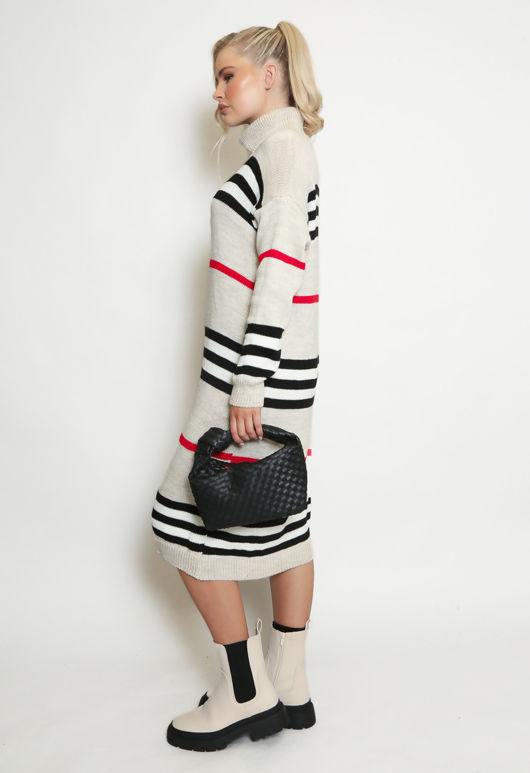 Beige Stripe Roll Neck Jumper Dress