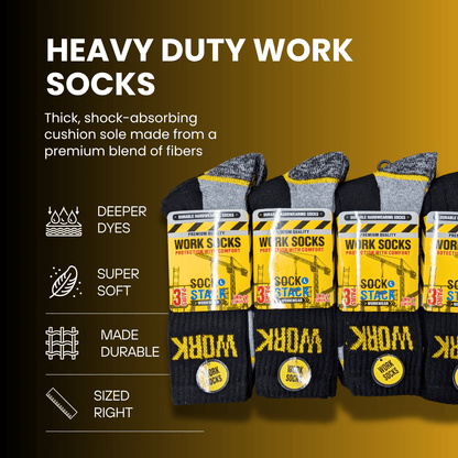 24 Pairs Mens Heavy Duty Work Socks Cushion Sole Reinforced Toe Heel Durable Black Boot Sock for Construction Outdoor Jobs Walking Sizes UK 6-11 EUR 39-45 by Sock Stack