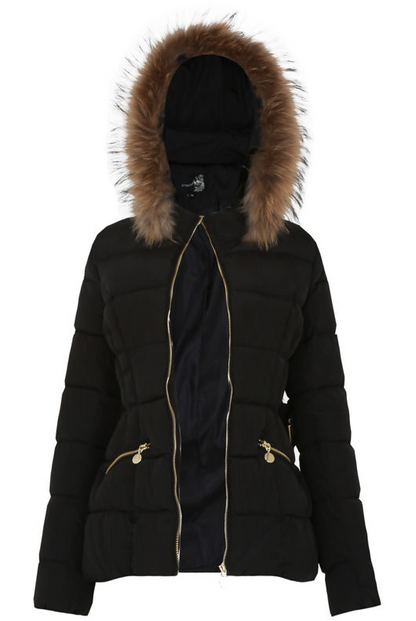 Black Padded Fur Hood Jacket