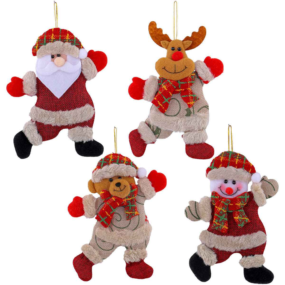Festive Christmas Tree Ornaments - Santa, Snowman, Reindeer &amp; Bear Figures With Red &amp; White Scarves, Golden Balls &amp; Red Bows - Perfect For Holiday Decor, Christmas Decorations