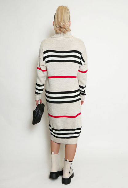 Beige Stripe Roll Neck Jumper Dress