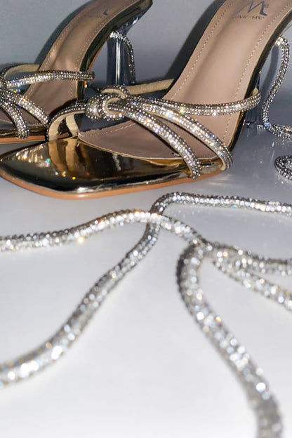 Gold Lace up Diamante Strap Metallic Heels