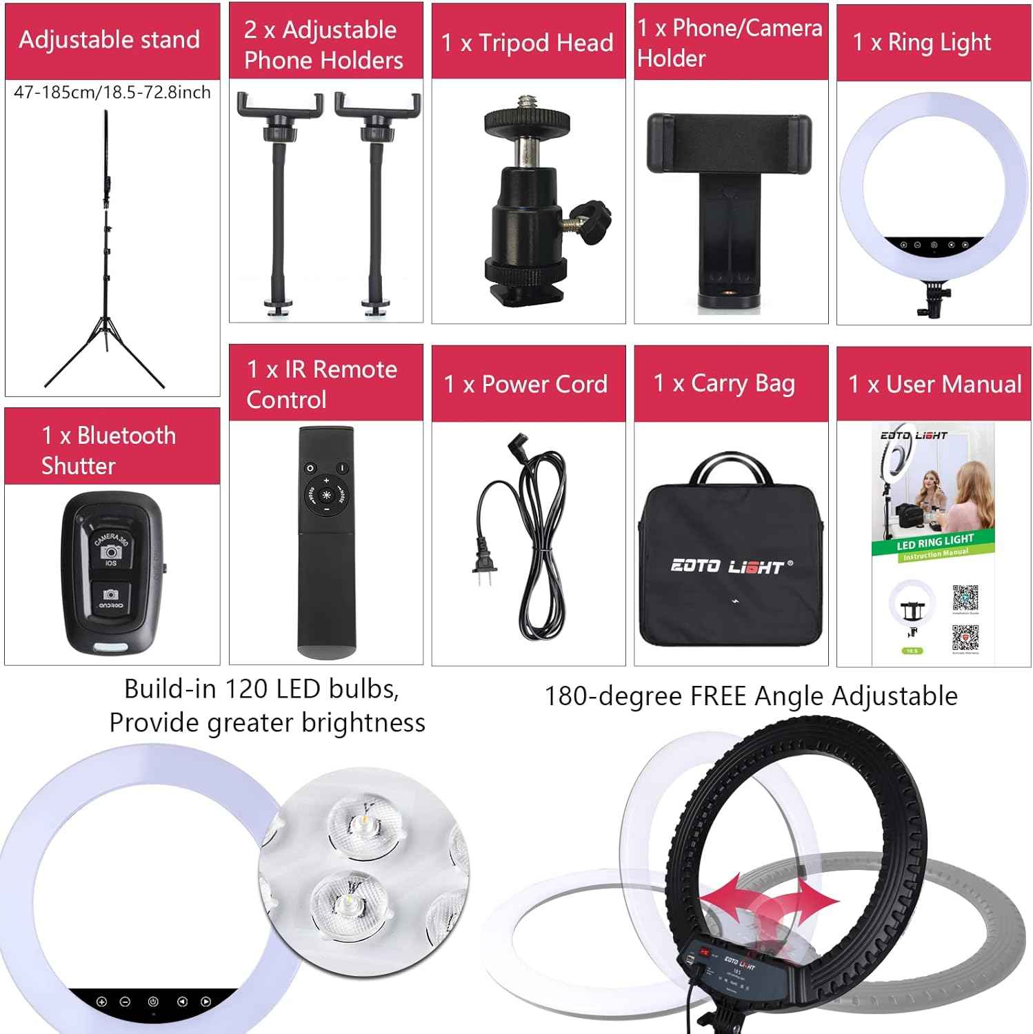 18 Inch LED Ring Light with Tripod Stand Touch Panel Remote for Makeup Studio Eoto