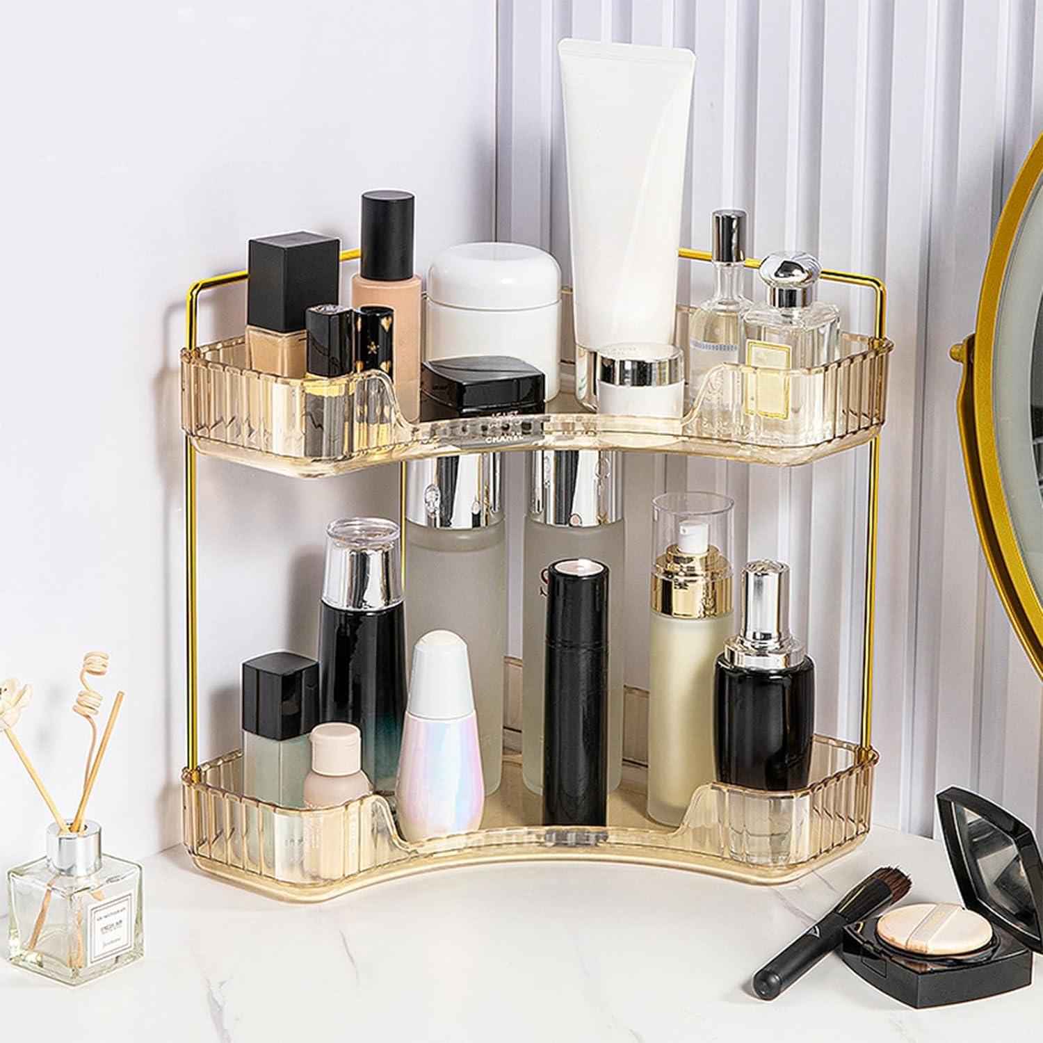 Makeup Organizer Perfume Cosmetic Storage with 2 Layers Gold