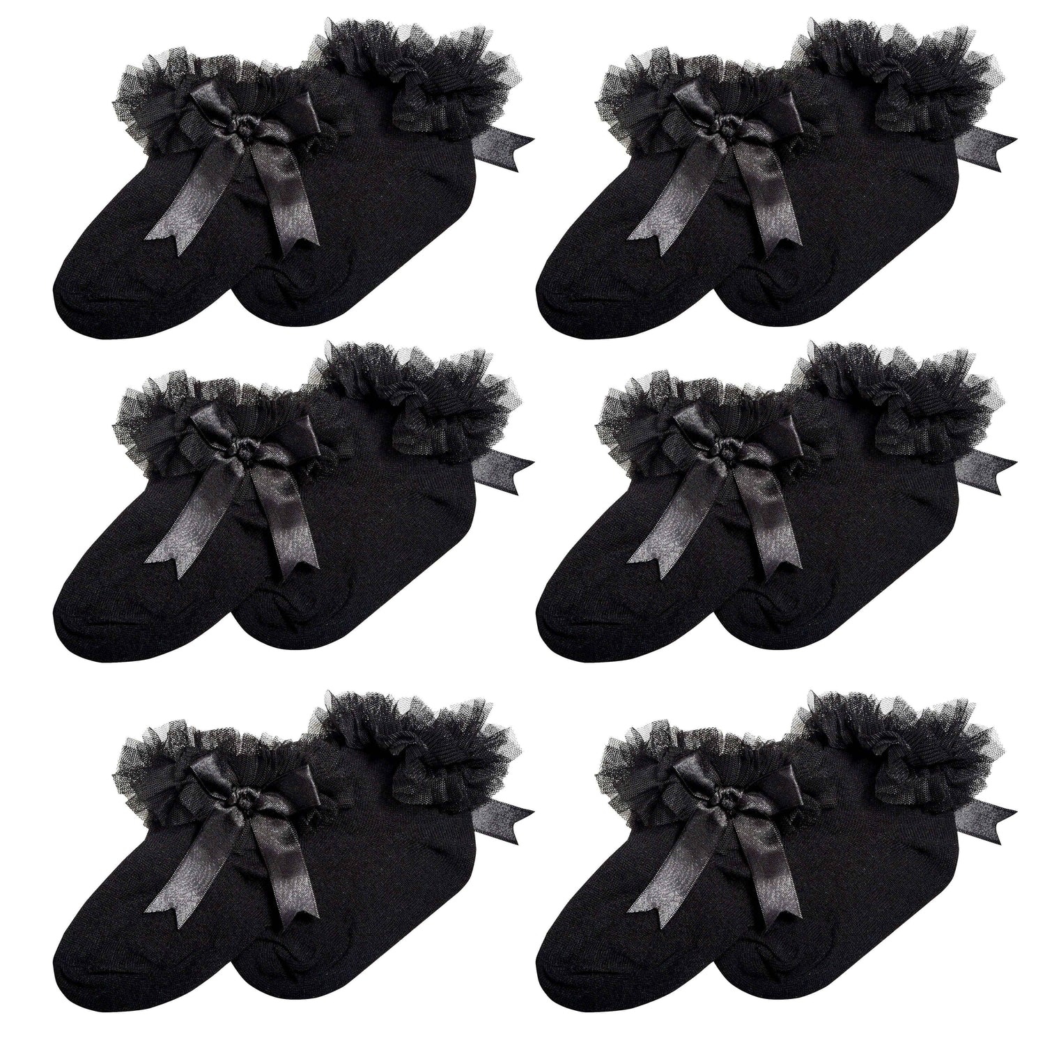 6 Pairs Black Girls Tutu Frilly Ankle Socks with Lace &amp; Bow Super Soft Wedding Christening Sock by Sock Stack
