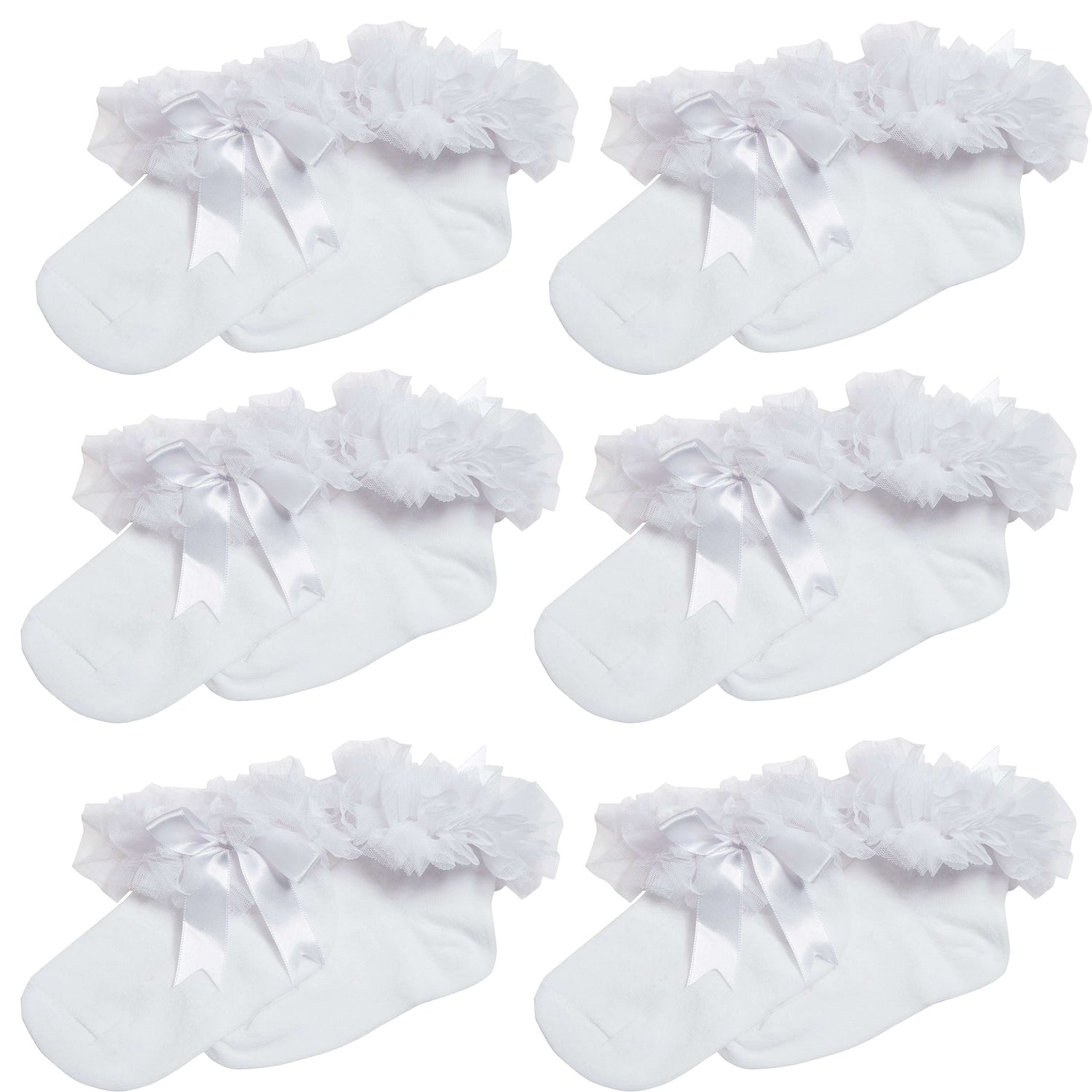 6 Pairs White Girls Tutu Frilly Ankle Socks with Lace &amp; Bow Super Soft Wedding Christening Sock by Sock Stack
